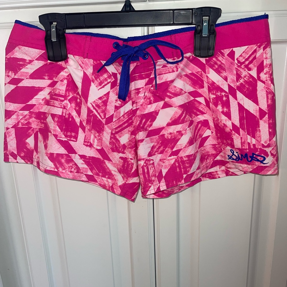 Women’s Pink Geometric Swim Shorts with Blue Drawstring